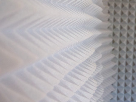 Audio Treatment Material. Gray foam with pyramid shapes for sound dampening.の写真素材