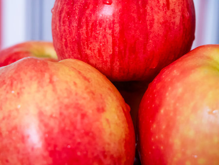 Ripe Apple Harvest. Luscious apples with stems, great for agricultural themes.の写真素材