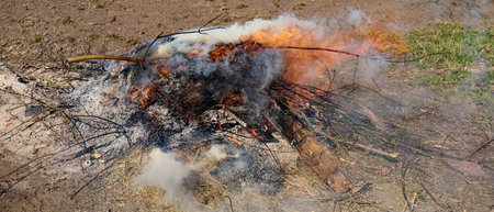The aftermath of a bonfire with lingering flames.の写真素材