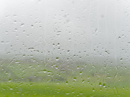 Water beads on glass, evidence of rainfall against a green backdrop.の写真素材