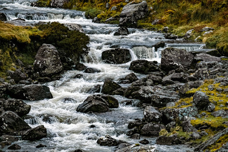 A river flows gently over smooth rocks, creating small cascading waterfalls. Surrounding grass and moss enhance the serene beauty of this natural landscape.の写真素材