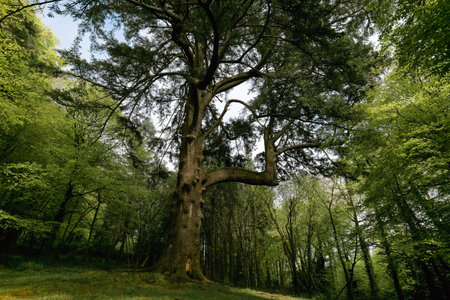 A mature cedar tree stands prominently. It has a thick trunk and wide-spreading branches. Smaller...