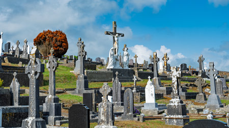 An old Irish cemetery filled with distinctive gravestones and statues, set against a backdrop of...