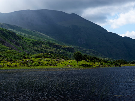 Discovering the serene beauty of Black Lake in Ireland surrounded by lush green hills and captivating landscape features.の写真素材