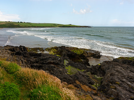 Inchydoney Beach presents a picturesque view of the coastline with rolling waves and rocky shores. The sun shines brightly, illuminating the lush green landscape in the background.の写真素材