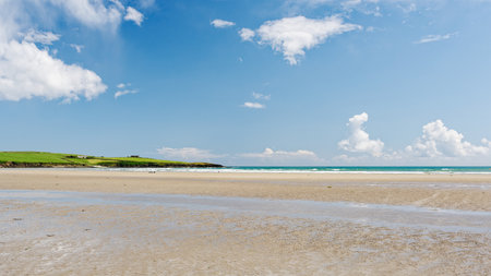 Tranquil beach landscape. A picturesque view of a calm ocean meeting a wide sandy beach under a bright blue sky, offering a serene escape.の写真素材
