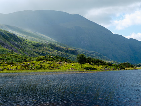 Black Lake in Ireland offers a tranquil escape with its calm waters and scenic mountain backdrop. The surrounding hills are lush and inviting, creating an idyllic natural setting.の写真素材