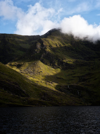 Lough Callee landscape showcasing rugged mountains, serene waters, and dramatic sky in Ireland...