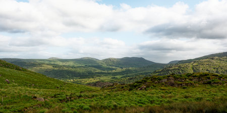 Breathtaking vista of lush green hills and distant mountains under a pale sky. Tranquil countryside...