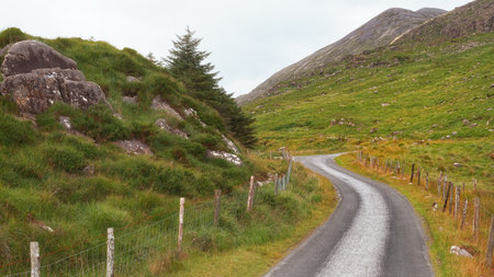 Winding road curves through the scenic Gap of Dunloe in County Kerry, Ireland, under a cloudy sky.の写真素材
