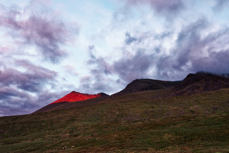 Peak glows with golden sunlight at dusk in County Kerry, ireland, on the walkway trail.の写真素材