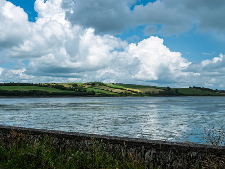 The waters meet the green hills in West Cork under a partly cloudy sky. Sections of plants float on the water. On a sunny day, the sky is filled with white clouds.の写真素材