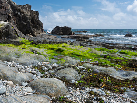 Tranquil seascape with rock formations. Scenic view of a rocky beach on a bright day.の写真素材