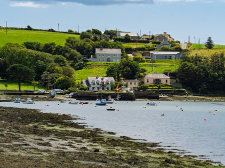 Houses sit on a green hillside overlooking a calm harbor. Several boats are moored in the water. Located in West Cork, the scene shows a tranquil Irish coastal village.の写真素材