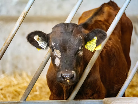 A young, brown Angus calf stands behind metal bars inside a barn. The calf has a yellow identification tag on its ear and some white patches on its face.の写真素材