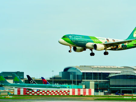 Dublin, Ireland, October 8, 2023. Aer Lingus plane landing at an airport. Aer Lingus aircraft...