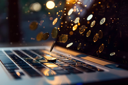 Magical scene of glowing coins falling onto an illuminated laptop keyboardの写真素材