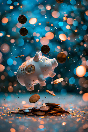 A broken piggy bank with coins cascading down against a bokeh backgroundの写真素材