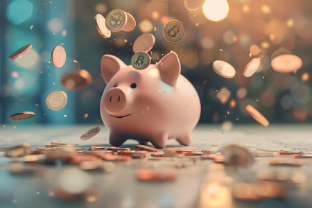 Happy piggy bank surrounded by a shower of gold and silver coins, symbolizing wealthの写真素材