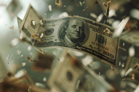 Close-up image of us 00 bills flying through the air on an unfocused greenish backgroundの写真素材