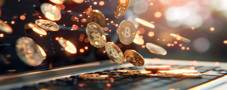 Conceptual image of bitcoins falling on a laptop keyboard with glowing lightsの写真素材