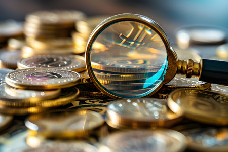 Macro shot capturing a magnifying glass focused on mixed coins, suggesting financial analysisの写真素材