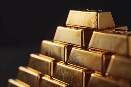 Close-up of stacked gold bars shimmering in soft light against a dark backdrop