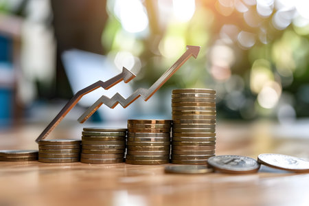 Stacked coins increase in height alongside an upward arrow graphic, depicting financial growthの写真素材