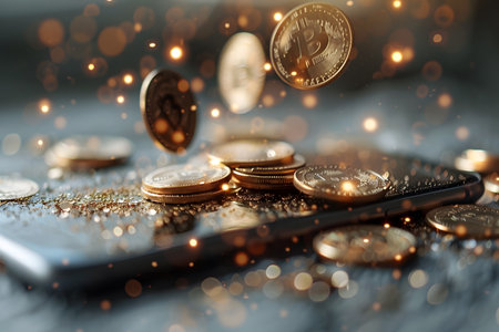 Stylized depiction of bitcoins on a smart device, symbolizing modern digital finance