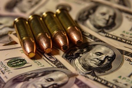 Close-up of bullets on a background of hundred dollar bills, symbolizing the cost of violenceの写真素材
