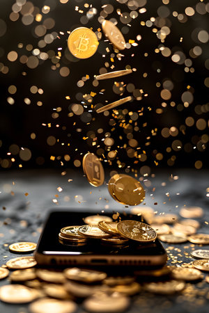 Digital cryptocurrency concept showing bitcoins showering onto a smartphone amidst a sparkling backdropの写真素材