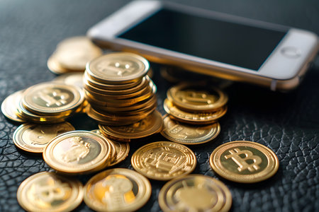 Smartphone lying next to stacks of golden bitcoin coins, representing digital currencyの写真素材