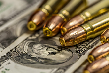Close-up image of bullets on us dollar bills, symbolizing economic and military strengthの写真素材