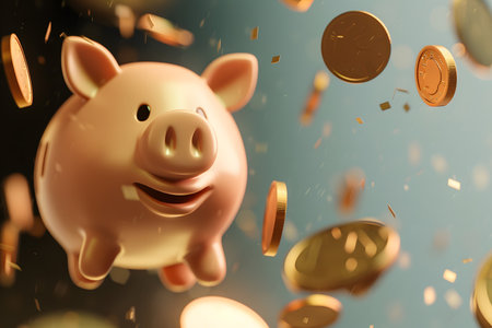 3d illustration of a smiling piggy bank surrounded by falling gold coinsの写真素材