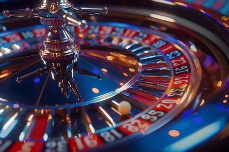 Macro view of a casino roulette wheel in motion with a blur of numbers