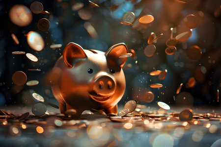 3d illustration of a smiling piggy bank with falling gold coins on a dark backgroundの写真素材
