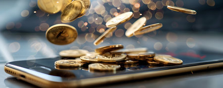 Golden coins raining onto a smartphone, symbolizing mobile finance and online earnings