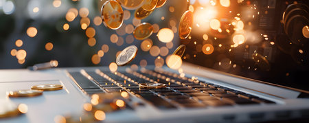 Golden coins falling onto a laptop keyboard, symbolizing online income, wealth, and digital currencyの写真素材