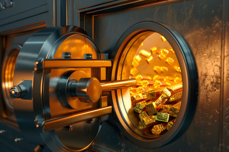 Close-up of an open safe deposit box filled with shiny gold bars and coinsの写真素材