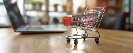 Small shopping trolley on a wooden surface, symbolizing online shopping with blurred laptop