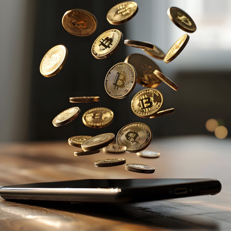 Bitcoin tokens seemingly levitating above a smartphone, symbolizing the modern digital economy