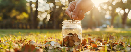 Hand placing a coin into a glass jar filled with coins on a grassy field at golden hour