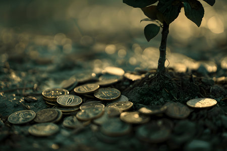 Sapling emerges from a bed of gold coins, symbolizing investment growth