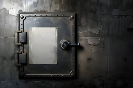 High-resolution image of an old, secure safe door on a weathered metal wallの写真素材