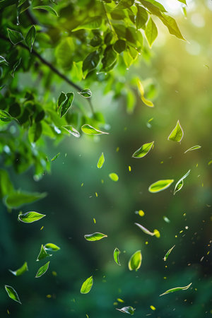 Vibrant green leaves gently falling amidst a sunlit, bokeh-filled forest sceneの写真素材