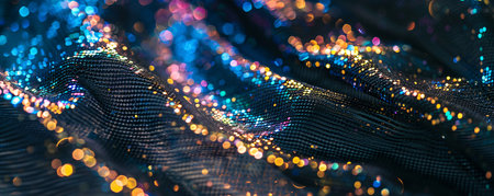 Colorful bokeh lights on a wavy, dark, shimmering mesh for a modern abstract backdrop