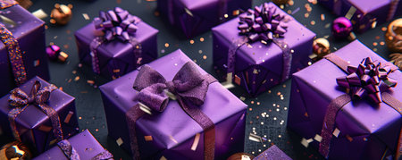 Close-up of multiple purple wrapped gifts with bows on a glittery background