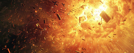 Dynamic background with flying music notes exploding in a fiery glow