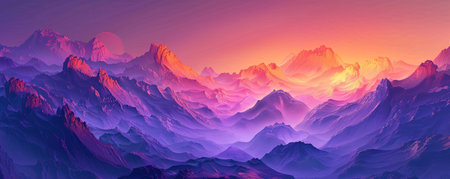 Panoramic digital artwork of a sunset casting vibrant hues over a sweeping mountain landscape