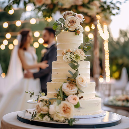 Multi-tiered wedding cake adorned with roses, with a blurred bride and groom in the backgroundの写真素材